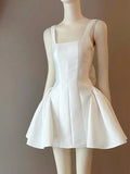 Cute A line Square White Summer Homecoming Dress Satin Hoco Dress Mini 18th Birthday Outfit Cocktail Dresses HZ1121