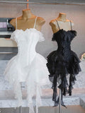 Simple A line Spaghetti Straps Ruffles Black Short Homecoming Dress Summer Hoco Dresses Cocktail Dress HZ1121