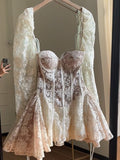 Simple A line Sweetheart Lace Short Long Sleeves Homecoming Dress Summer Hoco Dresses Cocktail Dress HZ1121
