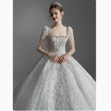Pretty Wedding Dress Ball Gown Square Neck Lace Long Sleeves White Wedding Dresses Bridal Gowns HZ1121