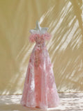 Beautiful A line Straps Sleeveless Pink Tulle Long Prom Dresses Evening Gowns Evening Dress HZ1121