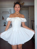 Cute Ball Gown Off The Shoulder White Summer Lace Homecoming Dress Hoco Dress Mini 18th Birthday Outfit Cocktail Dresses HZ1121