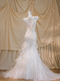 Pretty Wedding Dress Mermaid High Neck White Tulle Long Wedding Dresses Bridal Gowns HZ1121
