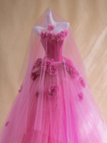 Gorgeous Ball Gown Strapless Hot Pink Floral Tulle Long Prom Dress Party Dress Graduation Dresses HZ1121