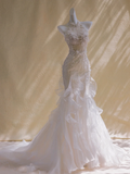 Pretty Wedding Dress Mermaid High Neck White Floral Tulle Long Wedding Dresses Bridal Gowns HZ1121