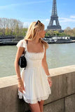 Simple A line Square Neck White Short Lace Homecoming Dress Summer Hoco Dresses Cocktail Dress With Scarf HZ1121
