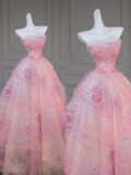 Gorgeous Ball Gown Strapless Light Pink Floral Tulle Long Prom Dress Party Dress Graduation Dresses HZ1121