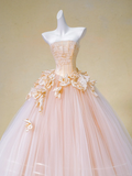 Pretty Wedding Dress Ball Gown Strapless Pink Tulle Floral Long Wedding Dresses Bridal Gowns HZ1121