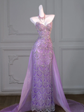 Gorgeous Mermaid Sweetheart Lilac Slit Sequin Long Prom Dress Party Dress Graduation Dresses With Cape HZ1121