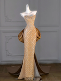 Gorgeous Mermaid Sweetheart Gold Sequin Long Prom Dress Party Dress Graduation Dresses With Bow-knot HZ1121