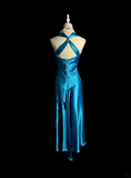 Vintage A line Straps Blue Satin Prom Dress Party Dress Graduation Dresses HZ1121