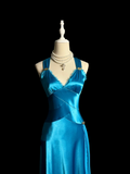 Vintage A line Straps Blue Satin Prom Dress Party Dress Graduation Dresses HZ1121