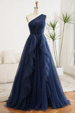Gorgeous Ball Gown One Shoulder Navy Blue Tulle Party Prom Dresses Formal Summer Wedding Guest Dresses Wedding Guest Outfits HZ1121