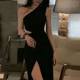 Pretty Mermaid One Shoulder Black Slit Party Dresses Formal Summer Wedding Guest Dresses Wedding Guest Outfits HZ1121