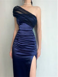 Elegant Sheath One Shoulder Navy Blue Slit Satin Prom Dresses Formal Summer Wedding Guest Dresses Wedding Guest Outfits HZ1121