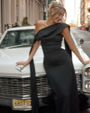 Gorgeous Sheath One Shoulder Black Satin Prom Dresses Formal Summer Wedding Guest Dresses Wedding Guest Outfits HZ1121