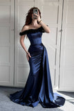 Sexy Mermaid Off The Shoulder Navy Blue Satin Prom Dresses Formal Summer Wedding Guest Dresses Wedding Guest Outfits HZ1121