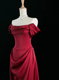 Elegant A line Off The Shoulder Burgundy Satin Prom Dresses Formal Summer Wedding Guest Dresses Wedding Guest Outfits HZ1121