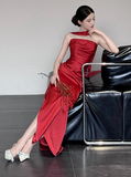 Gorgeous Sheath Strapless Burgundy Satin Prom Dresses Formal Summer Wedding Guest Dresses Wedding Guest Outfits With Scarf HZ1121