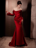 Elegant Mermaid Off The Shoulder Burgundy Satin Prom Dresses Formal Summer Wedding Guest Dresses Wedding Guest Outfits HZ1121