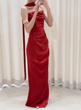 Pretty Sheath Strapless Burgundy Satin Prom Dresses Formal Summer Wedding Guest Dresses Wedding Guest Outfits With Scarf HZ1121