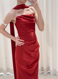 Pretty Sheath Strapless Burgundy Satin Prom Dresses Formal Summer Wedding Guest Dresses Wedding Guest Outfits With Scarf HZ1121
