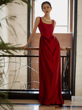 Elegant Sheath Square Neck Red Satin Prom Dresses Summer Wedding Guest Dresses Wedding Guest Outfits HZ1121