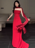Gorgeous Sheath Strapless Red Satin Prom Dresses Formal Summer Wedding Guest Dresses Wedding Guest Outfits HZ1121