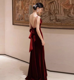 Elegant Sheath Spaghetti Straps Burgundy Velvet Prom Dresses Formal Summer Wedding Guest Dresses Wedding Guest Outfits HZ1121