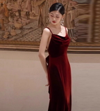 Elegant Sheath Spaghetti Straps Burgundy Velvet Prom Dresses Formal Summer Wedding Guest Dresses Wedding Guest Outfits HZ1121