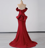 Elegant Mermaid Off The Shoulder Red Satin Prom Dresses Formal Summer Wedding Guest Dresses Wedding Guest Outfits HZ1121