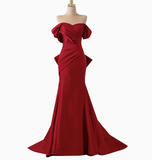 Elegant Mermaid Off The Shoulder Red Satin Prom Dresses Formal Summer Wedding Guest Dresses Wedding Guest Outfits HZ1121