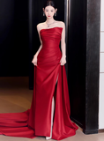Gorgeous Sheath Strapless Red Satin Slit Prom Dresses Formal Summer Wedding Guest Dresses Wedding Guest Outfits HZ1121