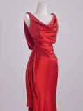 Elegant Mermaid V Neck Red Satin Prom Dresses Formal Summer Wedding Guest Dresses Wedding Guest Outfits HZ1121