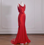 Elegant Mermaid V Neck Red Satin Prom Dresses Formal Summer Wedding Guest Dresses Wedding Guest Outfits HZ1121