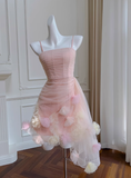 Sexy A line Spaghetti Straps Pink Tulle Short Homecoming Dresses Summer Hoco Dresses Cocktail Dress Birthday Outfits HZ1121