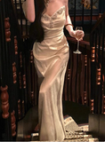 Elegant A line Spaghetti Straps Champagne Slit Prom Dresses Formal Summer Wedding Guest Dresses Wedding Guest Outfit HZ1121