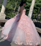Modest Ball Gown Sweetheart Neck Blush Pink Tulle Applique Long Quinceanera Dress Formal Gowns Vestido De 15 Anos Sweet 16 Dress HZ1121