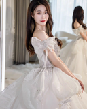 Princess Bridal Dress Ball Gown Off Shoulder Tulle White Beads Long Wedding Dress Modest Bridal Gowns HZ1121