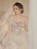 Princess Bridal Dress Ball Gown Off Shoulder Tulle White Beads Long Wedding Dress Modest Bridal Gowns HZ1121