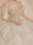 Princess Bridal Dress Ball Gown Off Shoulder Tulle White Beads Long Wedding Dress Modest Bridal Gowns HZ1121