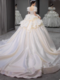 Princess Bridal Dress Ball Gown V-Neck Satin White Beads Long Wedding Dress Modest Bridal Gowns HZ1121
