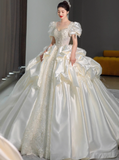 Princess Bridal Dress Ball Gown V-Neck Satin White Beads Long Wedding Dress Modest Bridal Gowns HZ1121