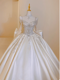 Princess Bridal Dress Ball Gown V-Neck Satin White Beads Long Wedding Dress Modest Long Sleeves Bridal Gowns HZ1121