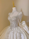Princess Bridal Dress Ball Gown V-Neck Satin White Beads Long Wedding Dress Modest Long Sleeves Bridal Gowns HZ1121