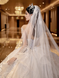 Princess Bridal Dress Ball Gown Off-the-shoulder Tulle Sequins White Beads Long Wedding Dress Modest Long Sleeve Bridal Gowns HZ1121