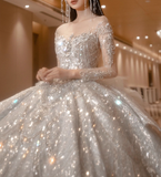 Princess Bridal Dress Ball Gown Off-the-shoulder Tulle Sequins White Beads Long Wedding Dress Modest Long Sleeve Bridal Gowns HZ1121