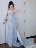 Modest Mermaid Sweetheart Neck Long Evening Gowns Ice Blue Satin Beaded Special Formal Dresses Prom Dresses HZ1121