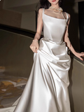 Modest Sheath Square Neck Long Evening Gowns White Satin Special Formal Dresses Prom Dresses HZ1121