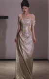 Modest Sheath Off-the-shoulder Long Evening Gowns Silver Glitter Special Formal Dresses Prom Dresses HZ1121